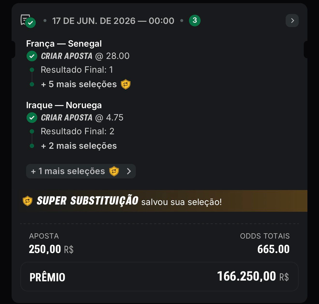 Comprovante: R$ 250 em R$ 166.250